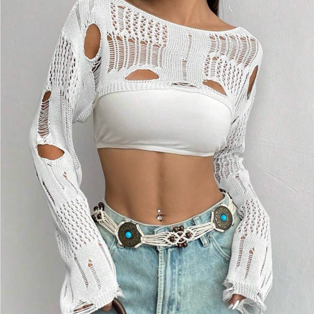 White Cozy Knit Poncho Shrug - Picture 5 of 9